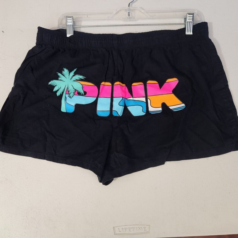 Victorias Secret Sleep Shorts Womens Large PINK Spell Out Palm Tree Y2K Black